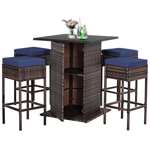 Kadyn Patio Conversation Table Chair Set, Outdoor Collection Set, 5 Pieces Patio Rattan Bar Table Stool Set Hidden Storage Shelf Cushioned-Navy