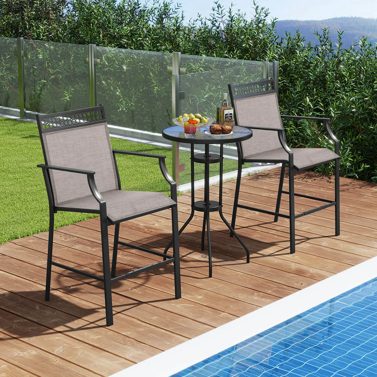 Costway Outdoor Counter Stools Set of 2 with Footrest & Armrests Metal Frame for Backyard Blue