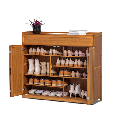 Magshion Bamboo 6 Tier 30 Pairs Shoe Organizer Cabinet with Folding Door Compartment Heels Boots, Brown, for Home