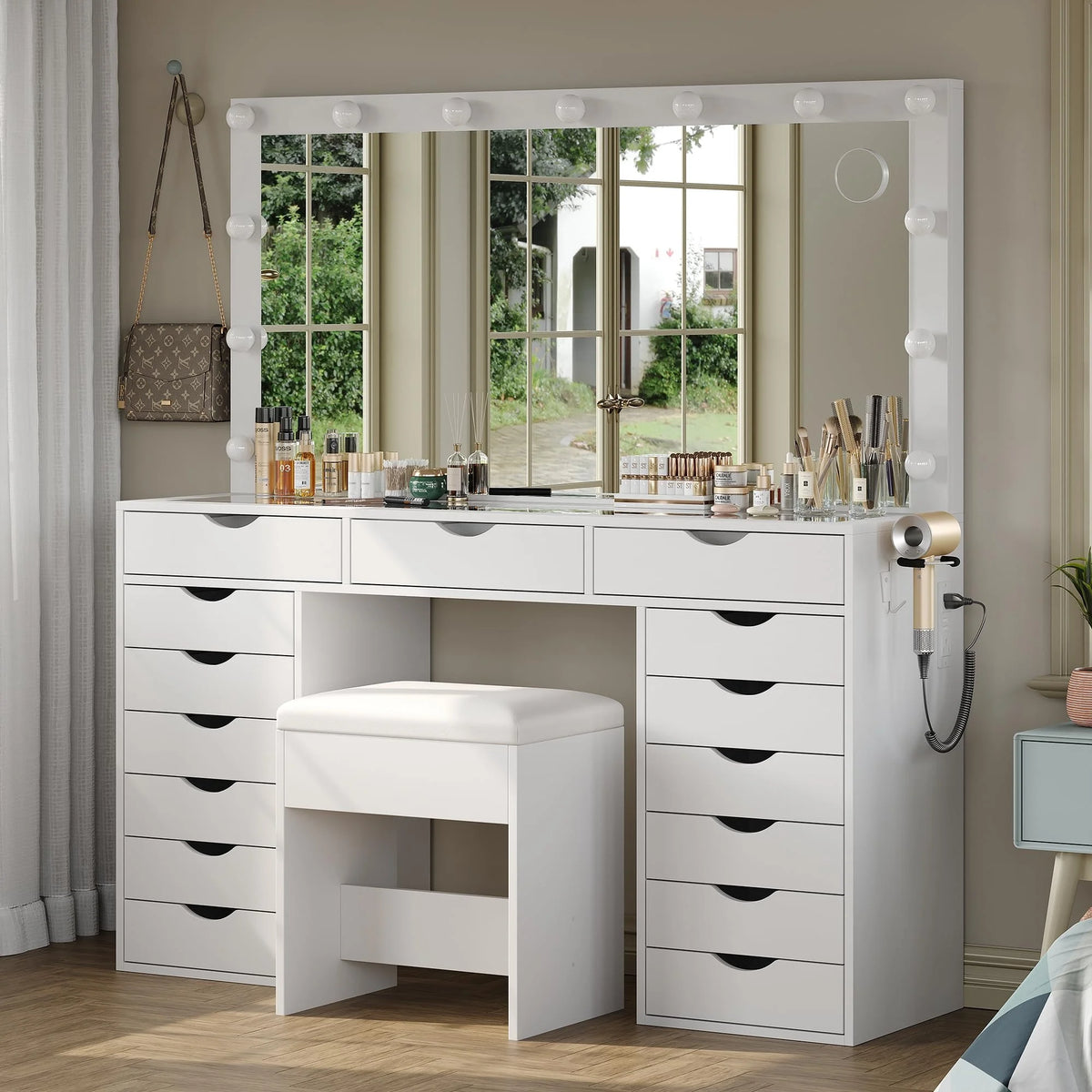 Yanosaku 15 Drawers Vanity Desk with Power Outlet, Makeup Table with Mirror and 13 LED Lights, 3 Color Lighting Modes, Brightness Adjustable, Glass Top Dressing Table, Vanity Set for Bedroom
