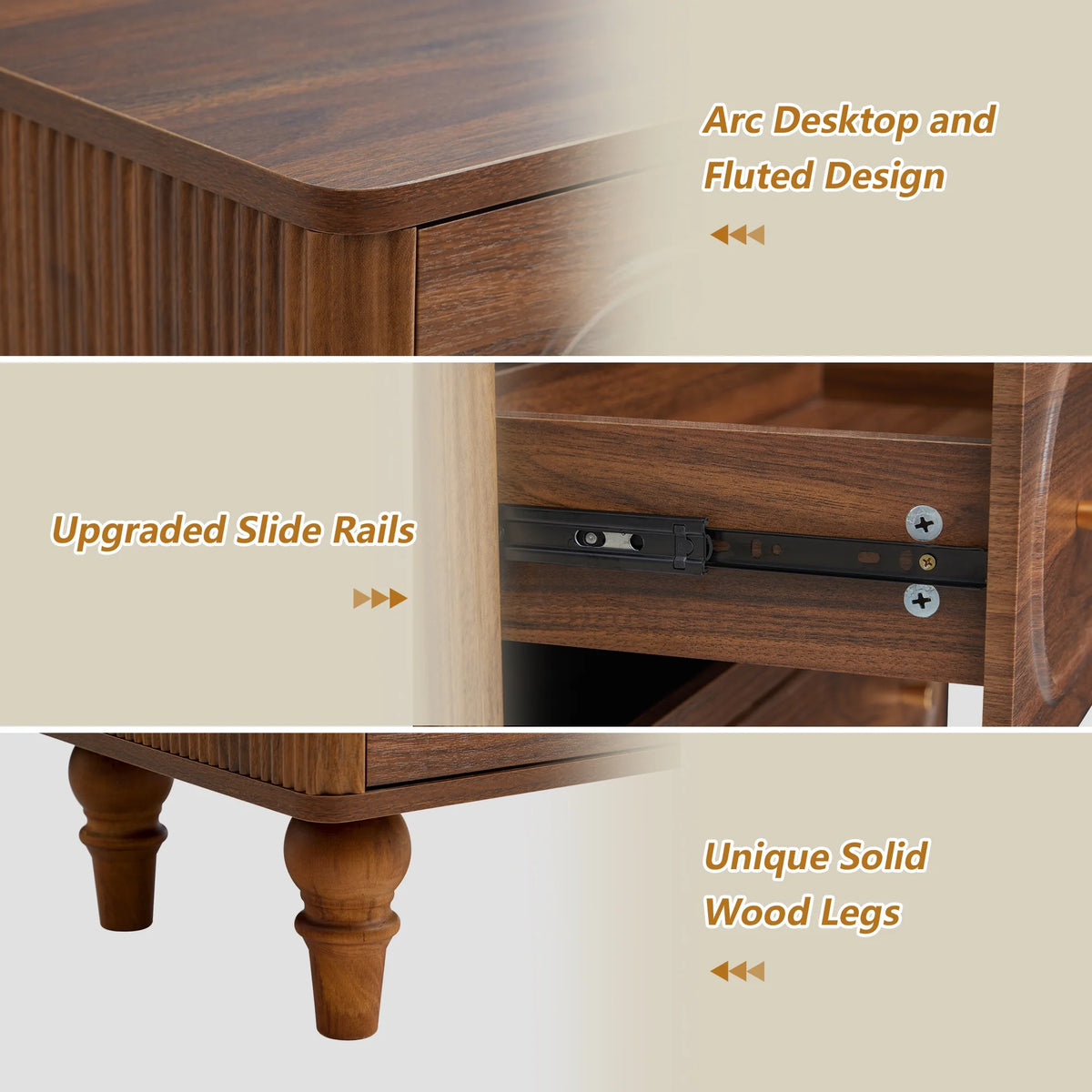YOCWO 3 Drawer Nightstand, Classic Chest of Drawers with Arc Edge, Walnut