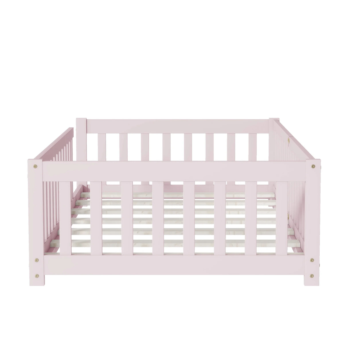 Miniyam Wooden Twin Size Floor Bed with Safety Fence for Kids, Natural