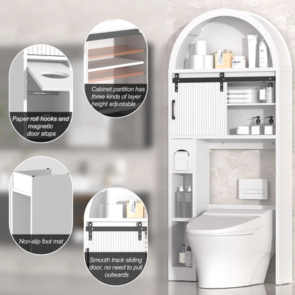 HARIPUL Over The Toilet Storage Cabinet w/ Unique Wood Grain & Arc Design, Freestanding Bathroom Shelf Organizer Space Saver w/ Doors & Anti-Tip Device, Wood Color