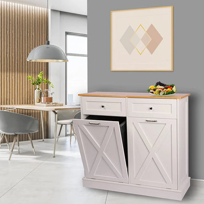 Tolead Double Tilt Out Trash Cabinet, Wooden Free Standing Laundry Sorter Cabinet, with Hideaway Drawer, White