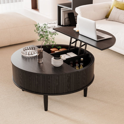 Oubayajia Round Coffee Table, Small Fluted Lift Top Center Table for Home Living Room Office, Walnut