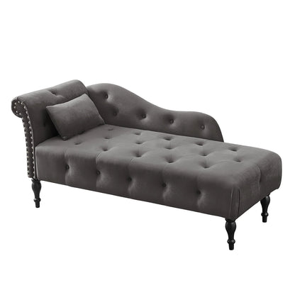 Chaise Lounge Chair, 60.6" Velvet Button Tufted Upholstered Lounge Couch with Solid Wood Legs and Pillow Elegant Couch Sleeper with Nailhead Trim & Armrest Chaise Lounge Indoor for Living Room, Grey