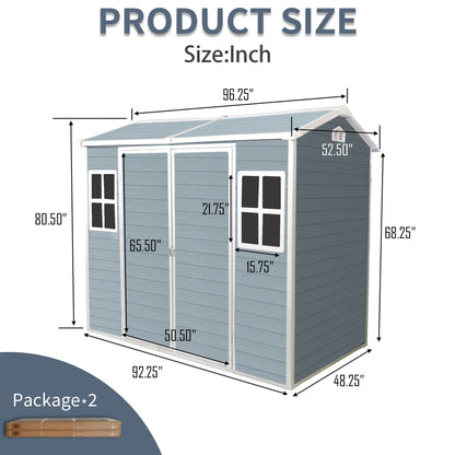 8x4 FT Outdoor Storage Shed with Floor, Resin Garden Sheds with Lockable Door, Vents & Windows, Weather Resistant Tool Shed with Sloped Roof for Backyard Patio, Grey