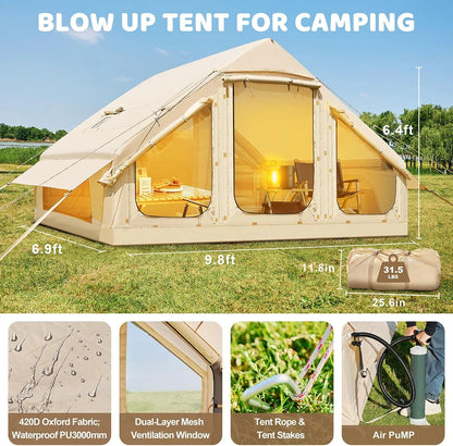 NAIZEA Inflatable Tents for Camping, Blow Up Tent with Hand Pump, Easy Setup Inflatable Hot Tent with Stove Jack, Waterproof Oxford Air Glamping Tents for Camping Adult 4-6 Person