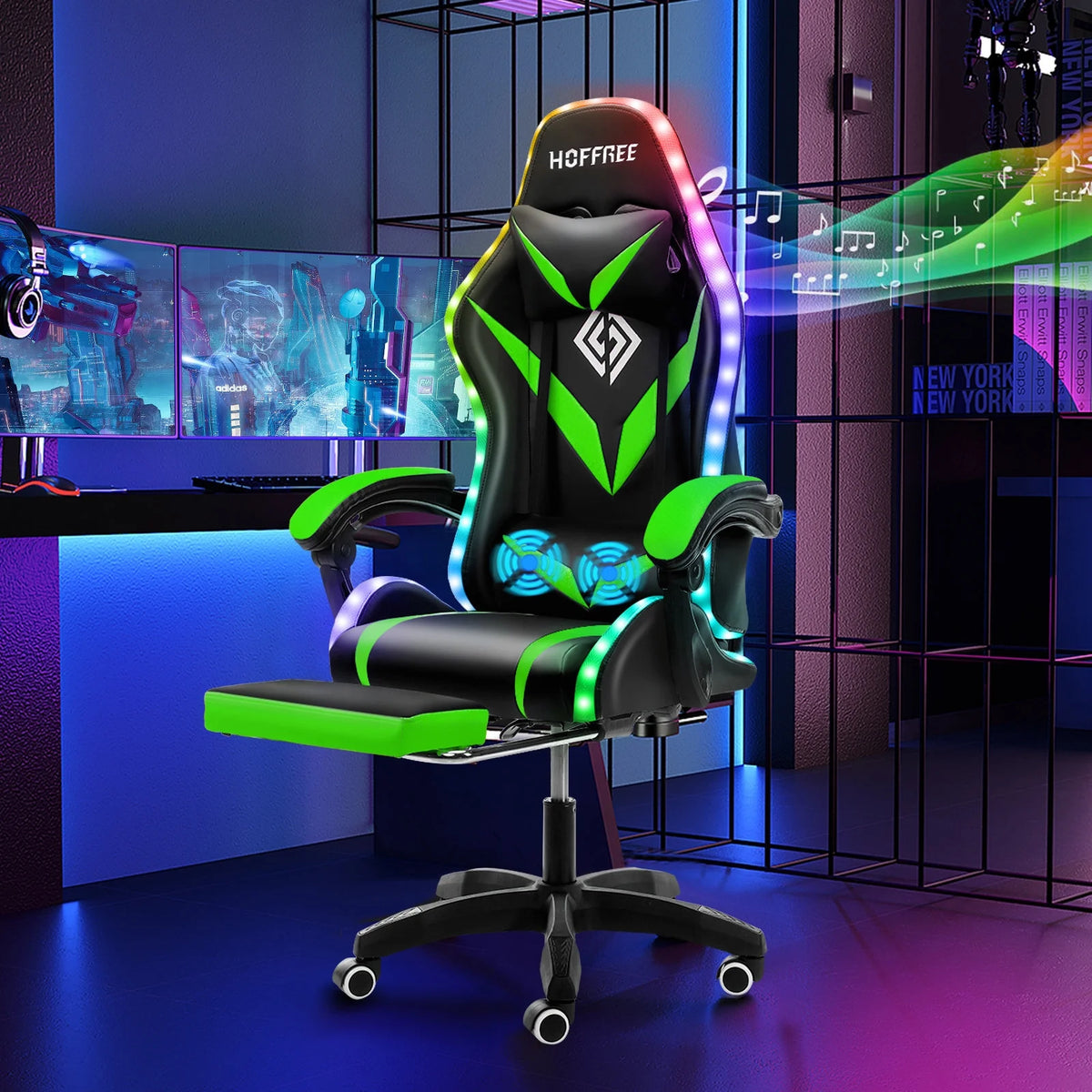 Hoffree Gaming Chair with Speakers PU Leather Office Chair with Footrest and LED Lights Ergonomic Gamer Chair with Massage Lumbar Support and Headrest Adjustable Swivel for Home Office 300lb