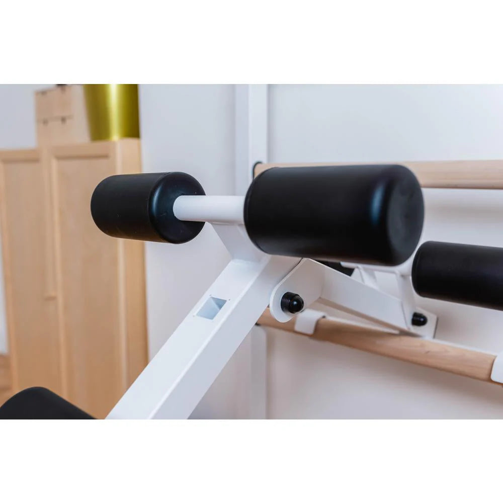 BenchK 733 White Wall bars with convertible steel 6-grip pull-up bar that can also be used as a barbell holder, dip bar with back support and advanced workout bench