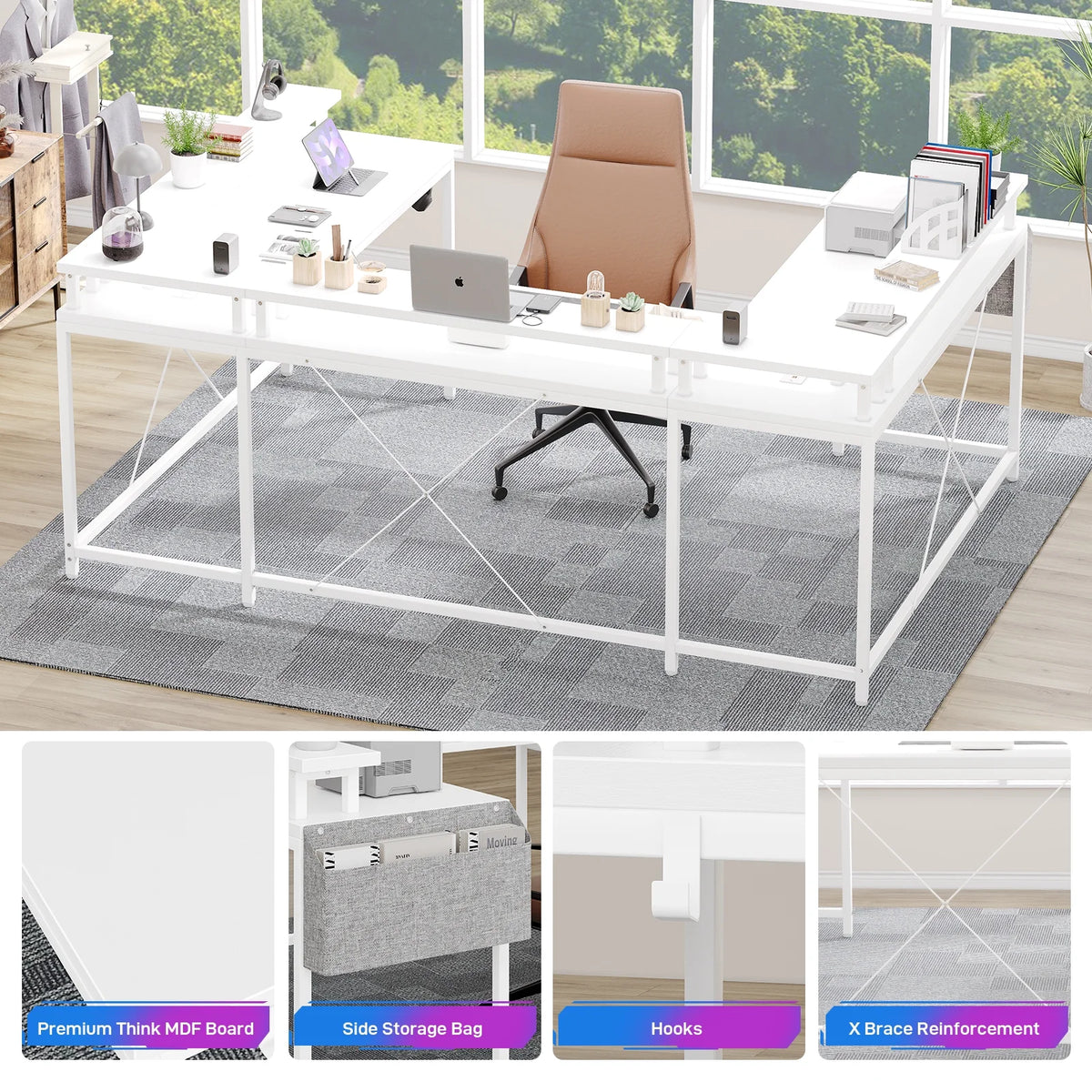 Yesfashion U Shaped Computer Gaming Desk, Reversible L Shaped Desk with Power Outlets, LED Strip & Monitor Stand, Large Corner Desk with Storage Shelves