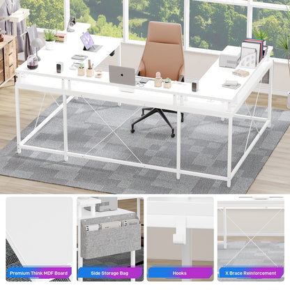 Yesfashion U Shaped Computer Gaming Desk, Reversible L Shaped Desk with Power Outlets, LED Strip & Monitor Stand, Large Corner Desk with Storage Shelves