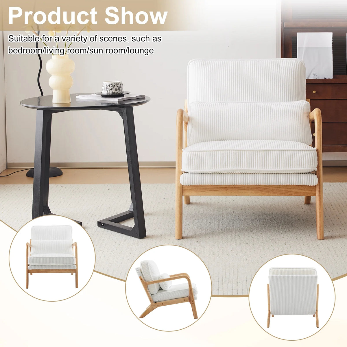 Ktaxon Accent Chair Corduroy Upholstered Armchair, Reading Club Chair with Pillow and Solid Wood Frame for Living Room Bedroom Furniture Off White