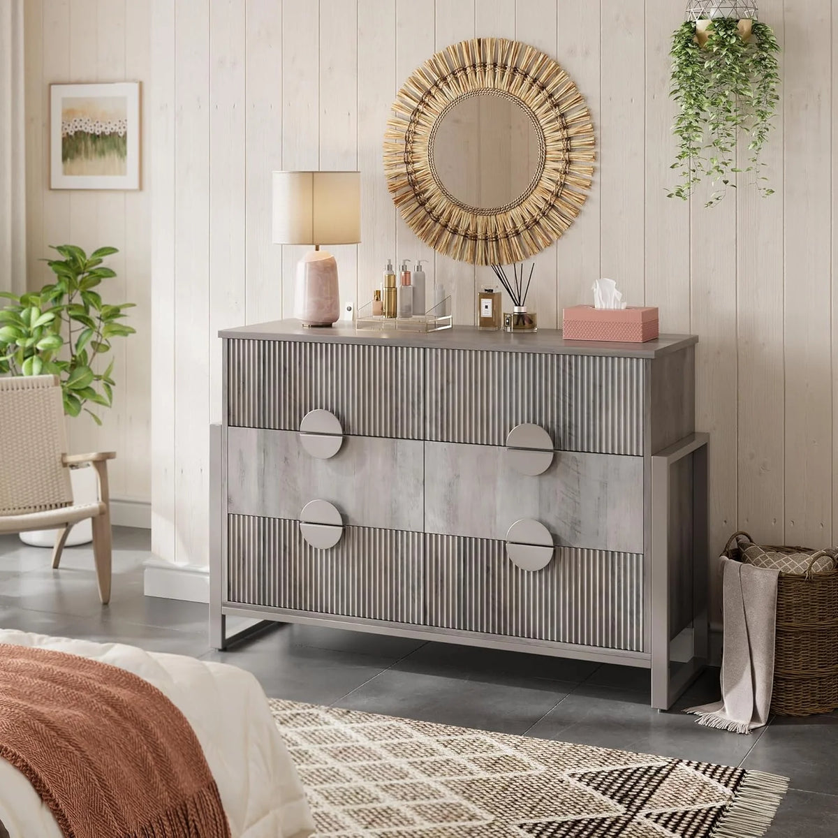 LGHM 3 Piece Bedroom Dresser and Nightstand Set, Fluted Wide Chest of Drawers, Bed Side Table End Table with LED Lights for Living Room, Black