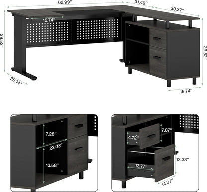 Tribesigns 63 Inch Executive Desk with File Cabinet, Large Office Desk L Shaped Computer Desk with Drawers and Storage Shelves, Business Furniture Desk Workstation for Home Office, Brown and Black