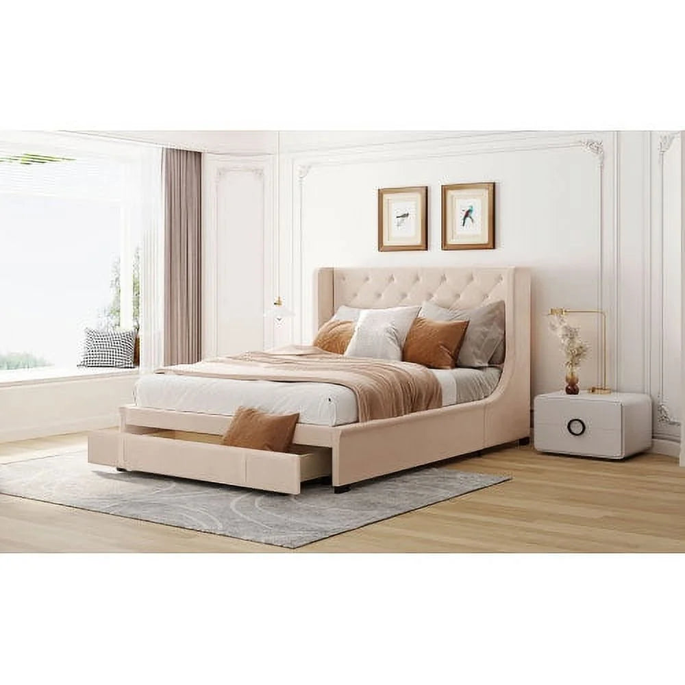 Queen Bed Frame with Storage Drawer, Velvet Upholstered Storage Bed, Wood Platform Bed Frame with Wingback Headboard and a Big Drawer(Beige)