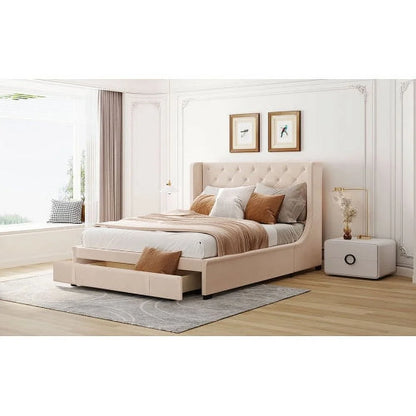 Queen Bed Frame with Storage Drawer, Velvet Upholstered Storage Bed, Wood Platform Bed Frame with Wingback Headboard and a Big Drawer(Beige)
