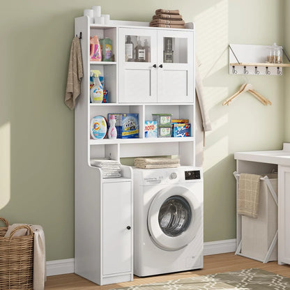 Over The Toilet Storage Cabinet with 3 Doors, Farmhouse Space Saver for Bathroom Organizer with Paper Holder, 10 Shelves and Hooks, 7-Tier Over Washing Machine Cabinet for Laundry, Bathroom, Natural