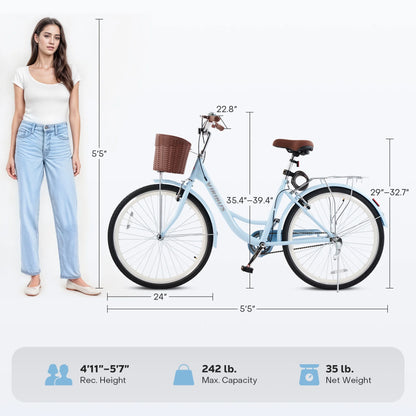 Viribus Women's Comfort Bike 24 inch Beach & City Cruiser Bicycle with Basket Rack White