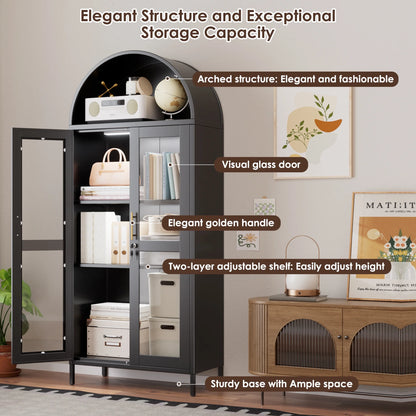 SUPEER Metal Arched Storage Display Cabinet with Glass Doors and Adjustable Shelves, Lockable Cabinet, Assembly Required, Black