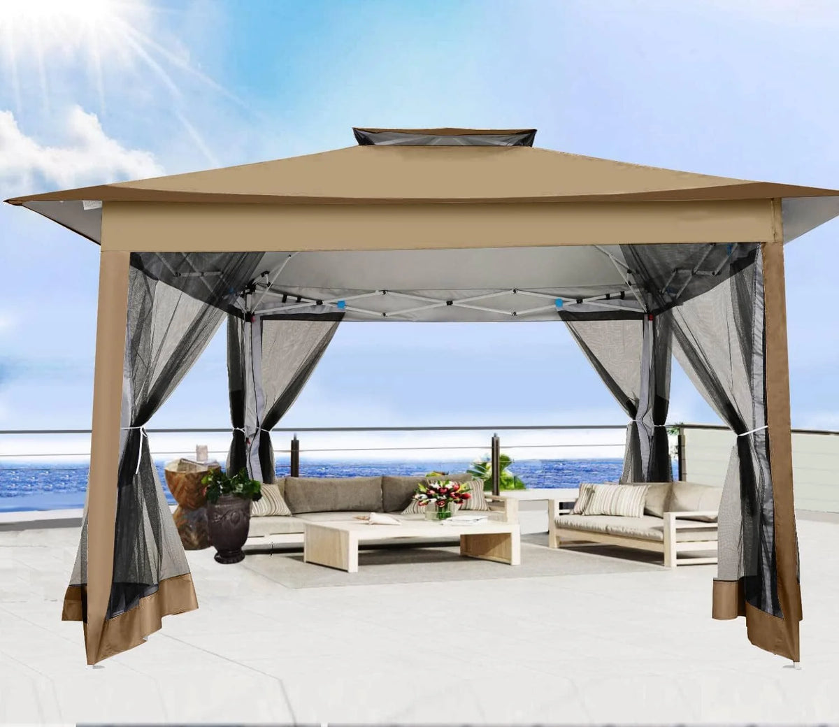 COBIZI 12x12 Outdoor Gazebo Pop Up Gazebo Canopy with Mosquito Netting Patio Tent Backyard Canopy with 2-Tiered Vented Top 3 Adjustable Height, Beige