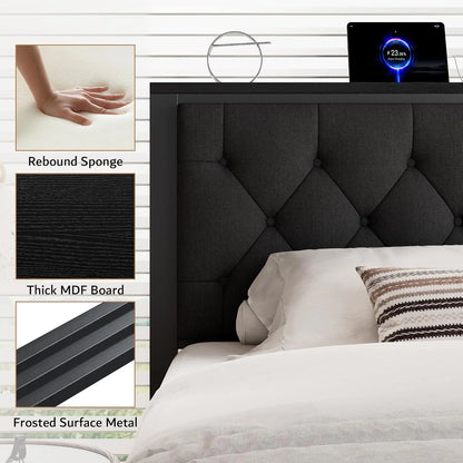 iPormis Full Bed Frame with 2 Drawers, Metal Platform Bed with Charging Station and Linen Fabric Storage Headboard Strong Metal Slats Black,Gray