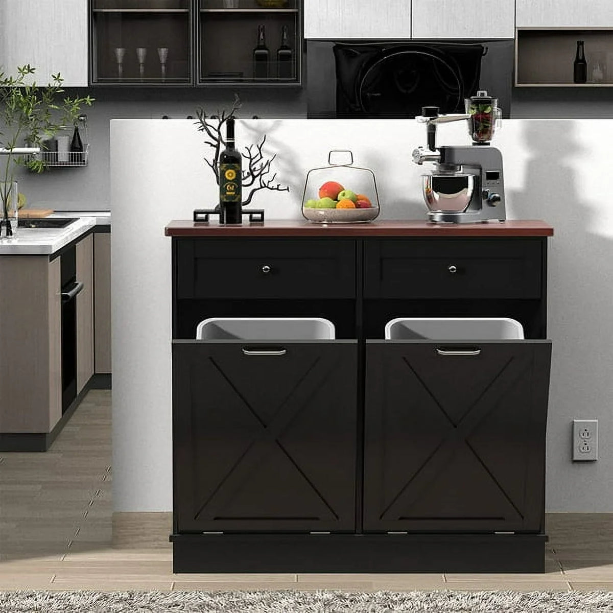 Tolead Double Tilt Out Trash Cabinet, Wooden Free Standing Laundry Sorter Cabinet, with Hideaway Drawer, White