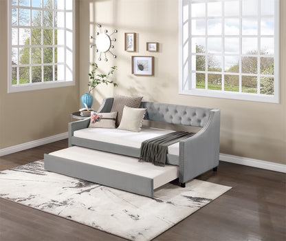 Daybed with Trundle, Twin Size Velvet Upholstered Daybed Frame with Tufted Button Back & Copper Nail on Arms, Wood Sofa Bed Frame for Living Room Bedroom, No Box Spring Needed, Grey