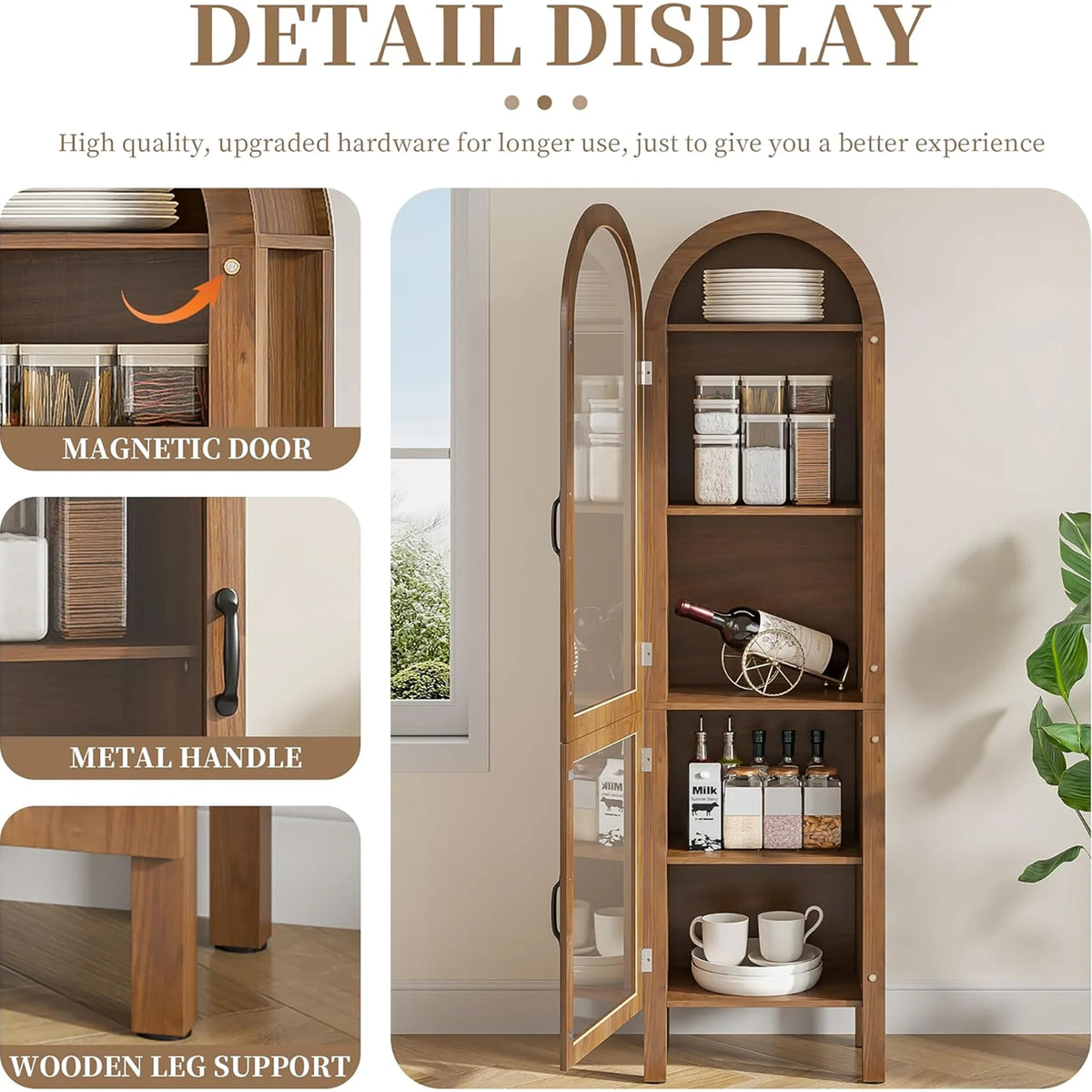 Tall Arched Storage Display Cabinet 5-Shelf with Acrylic Glass Doors, Kitchen Pantry Storage Cabinet Accent Cabinet Bookcase for Living Dining Room
