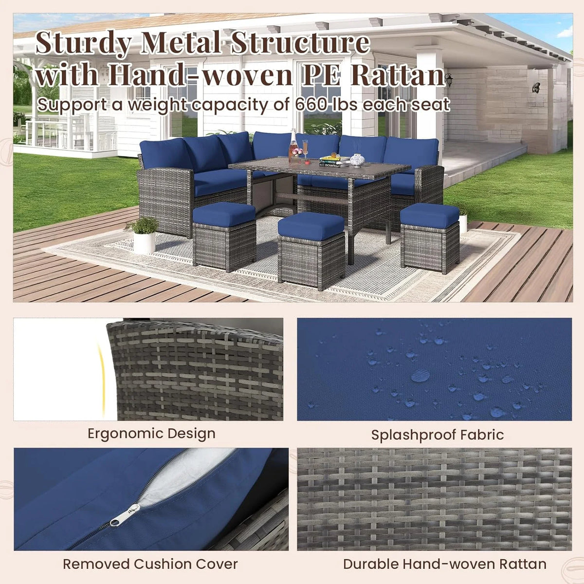 AECOJOY 7 Piece Patio Furniture Set PE Rattan Outdoor Dining Set Sectional Sofa Couch with Table Patio Conversation Set in Gray