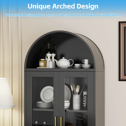 SUPEER Metal Arched Storage Display Cabinet with Glass Doors and Adjustable Shelves, Lockable Cabinet, Assembly Required, Black