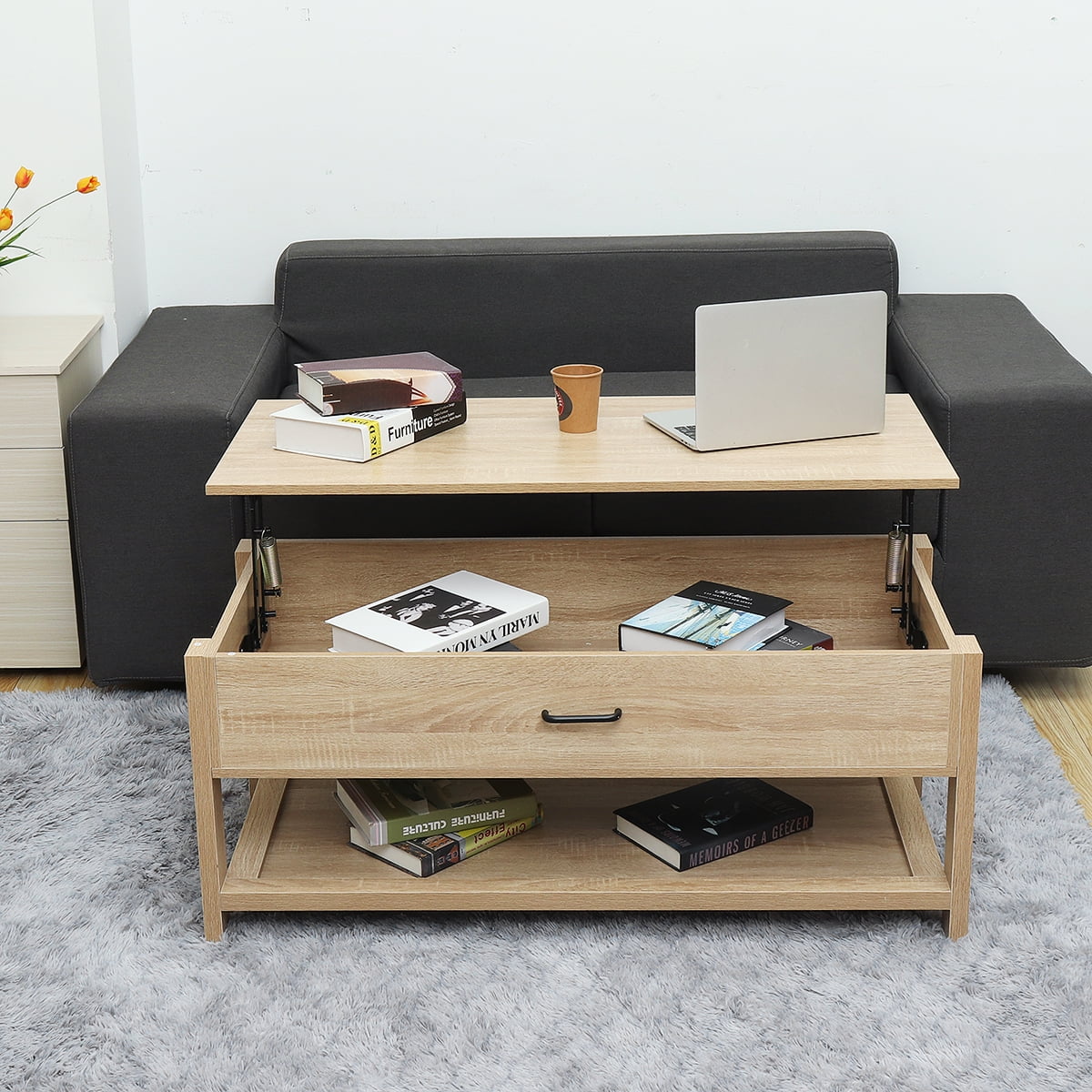 Hommpa LED Coffee Table Modern Side Tables High Gloss Black Cocktail Table with 2 Drawers Open Shelf for Living Room