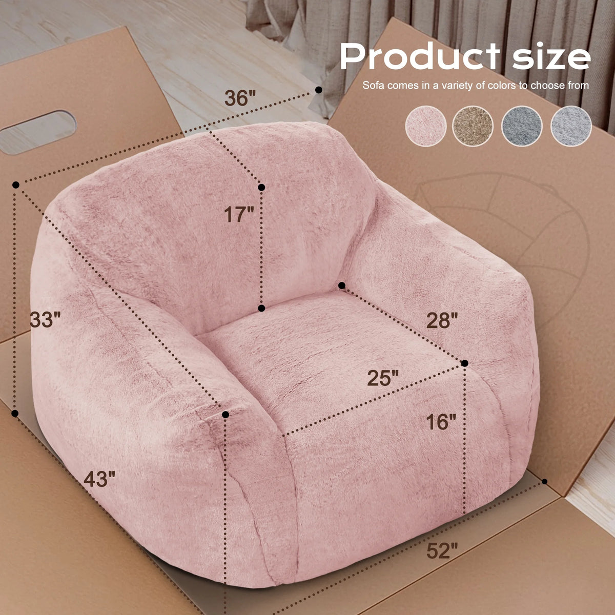 HOMGUAVA Giant Bean Bag Chair for Adults & Kids, Oversized Lounger Couch Large Lazy Chair w/ Stuffed Memory Foam & Wide Armrests, Light Gray