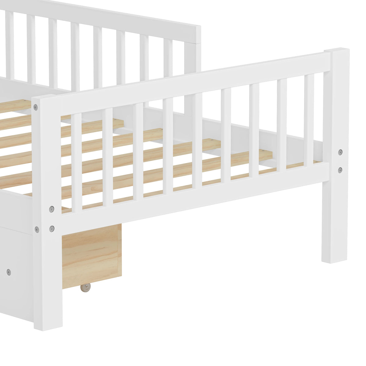 Euroco Wood Twin Size Platform Bed with Storage Headboard and Drawers, Low Profile Bed with Guardrails for Kids and Toddlers, White