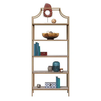 Pemberly Row 5-Shelf Modern Metal Bookcase in Gold Satin/Faux Deco Stone