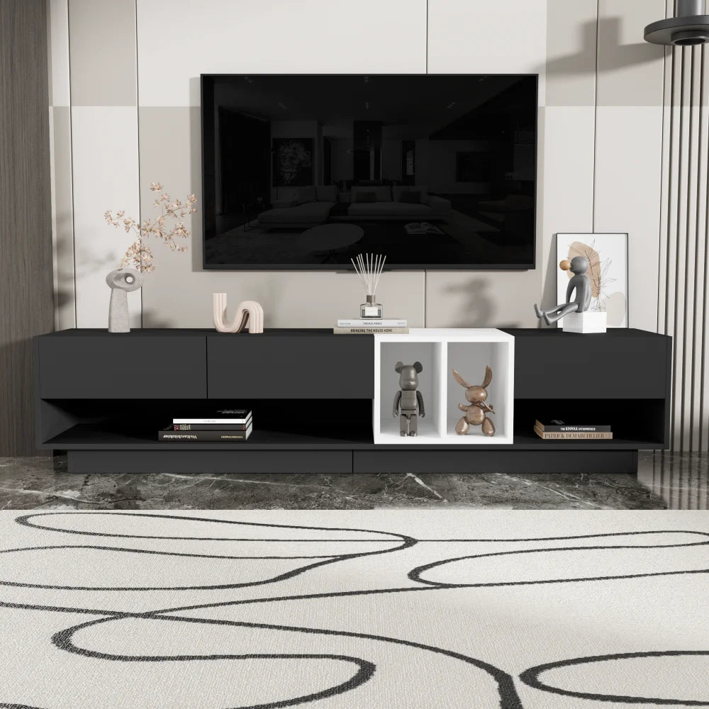 Modern TV Stand for 80 Inch TV, ON-TREND Sleek Two-Tone Media Console, Functional Storage Cabinet with Open & Hidden Compartments, Particle Board, Living Room Furniture, White