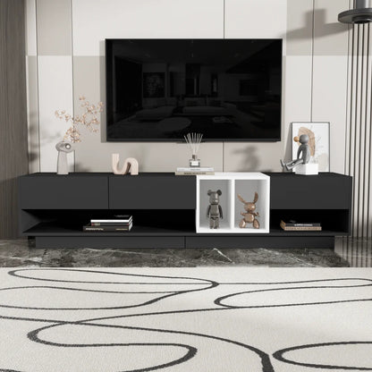 Modern TV Stand for 80 Inch TV, ON-TREND Sleek Two-Tone Media Console, Functional Storage Cabinet with Open & Hidden Compartments, Particle Board, Living Room Furniture, White
