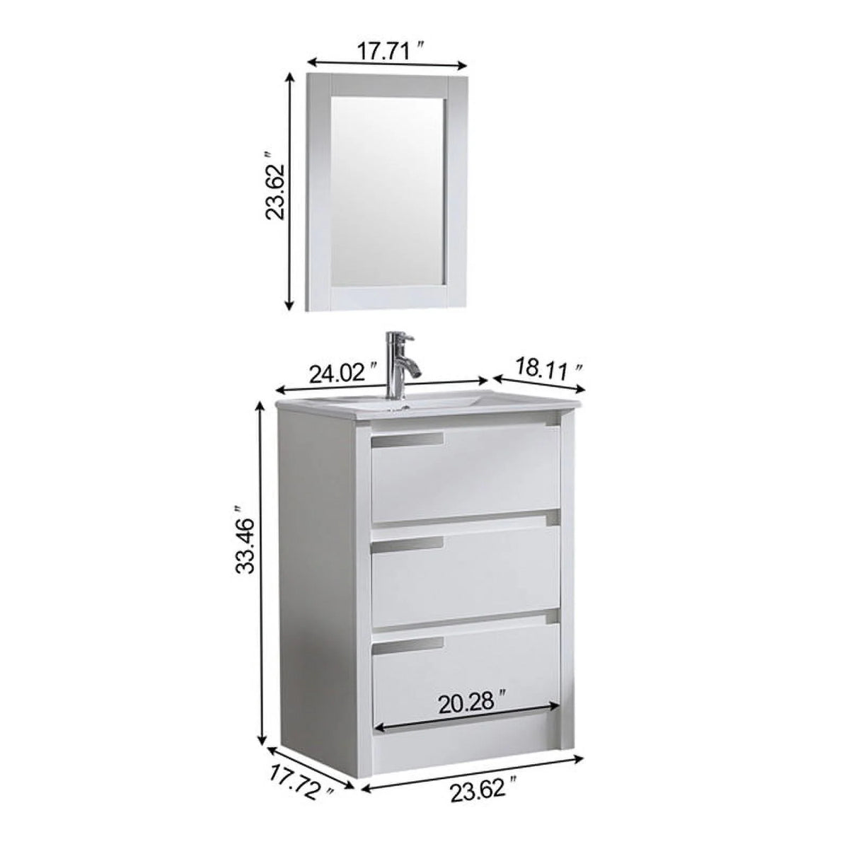Walsport 24" Luxurious Bathroom Vanity with Ceramic Sink and Countertop and Mirror and Faucet,Double Door Stand Floor Cabinet Bathroom Storage Vanity with Pop Up Drain,White