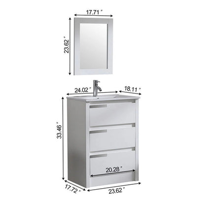 Walsport 24" Luxurious Bathroom Vanity with Ceramic Sink and Countertop and Mirror and Faucet,Double Door Stand Floor Cabinet Bathroom Storage Vanity with Pop Up Drain,White