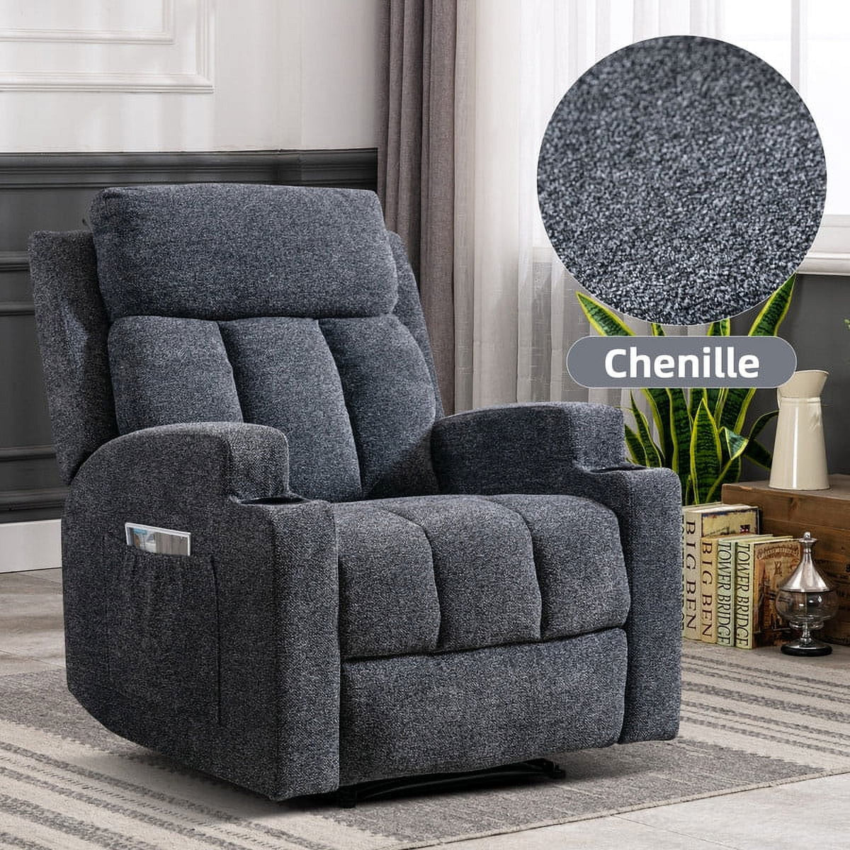 Bonzy Home Heated Manual Massage Recliner with Cup Holder Padded Breathable Fabric Recliner, Home Theater Seating��Navy