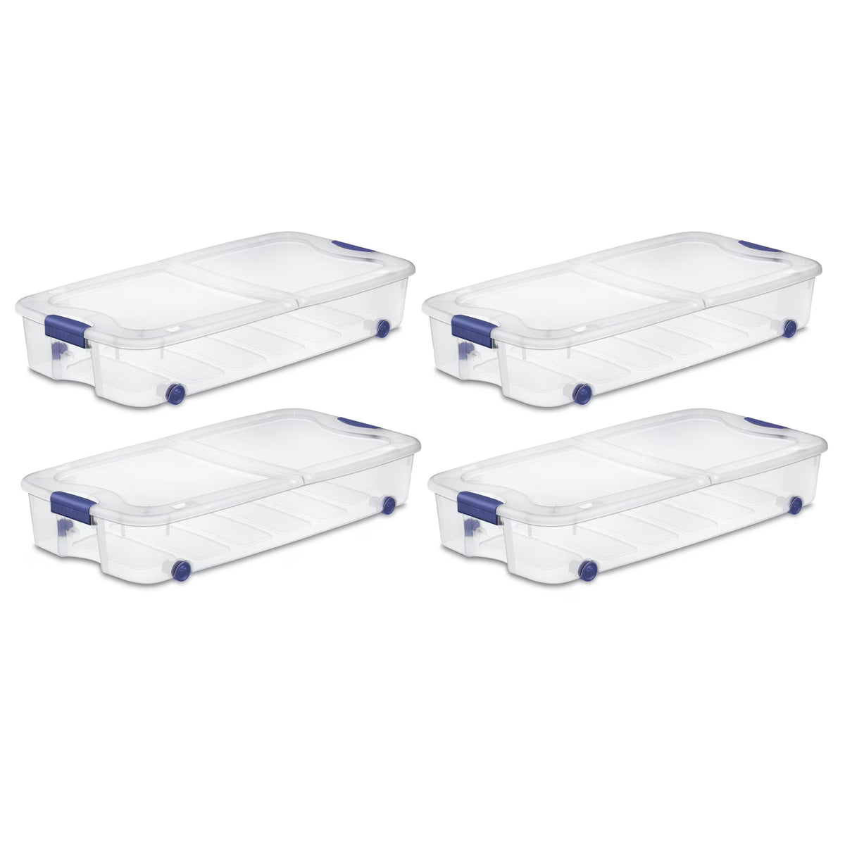 Sterilite 66 Quart Wheeled Latch Box, Clear Underbed Storage Bin with Lid, Blue, 4 Count