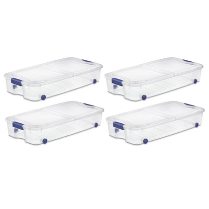 Sterilite 66 Quart Wheeled Latch Box, Clear Underbed Storage Bin with Lid, Blue, 4 Count