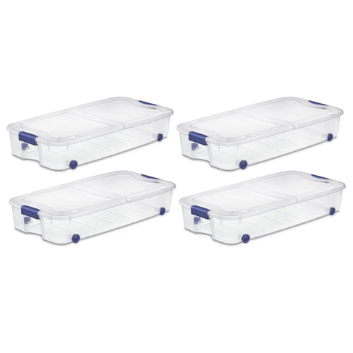 Sterilite 66 Quart Wheeled Latch Box, Clear Underbed Storage Bin with Lid, Blue, 4 Count