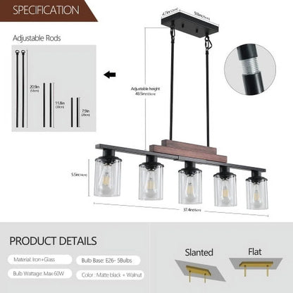 ACE-LIGHTS,Modern Industrial 5-Light Chandelier with Clear Glass Shades(Bulbs Not Included),Hanging Ceiling Light Fixture for Living Room,Dining Room,Kitchen Island(Black)