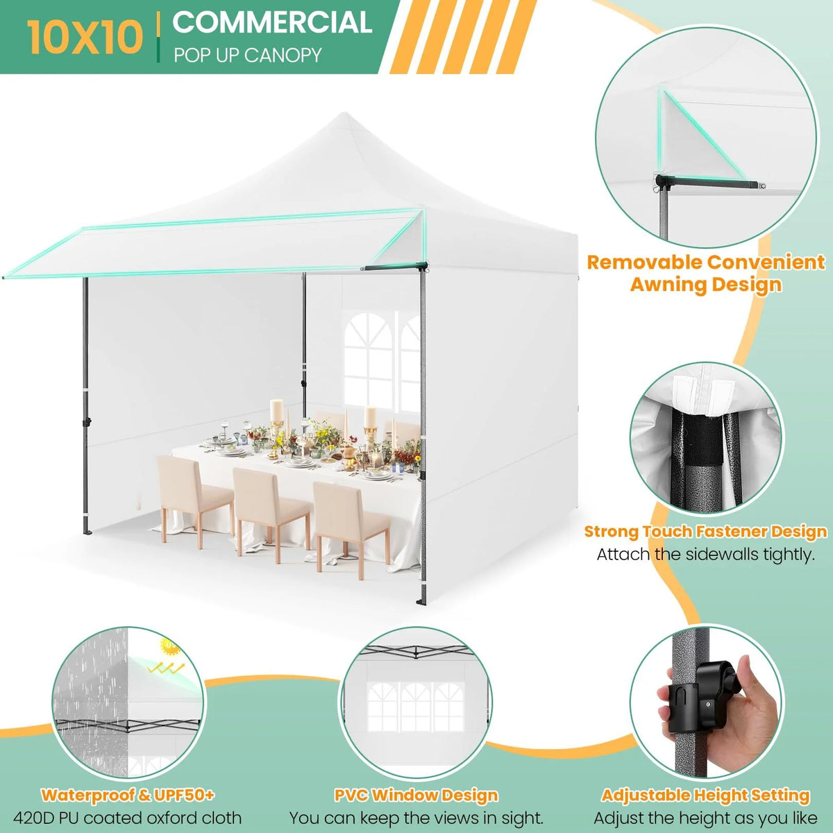 COBIZI 10x20 Pop Up Canopy Heavy Duty Party Tent with Removable Awning and Sidewalls,Easy Up Outdoor Wedding Canopy,Gazebo All Season Windproof&Waterproof with Roller Bag UPF 50+,Black