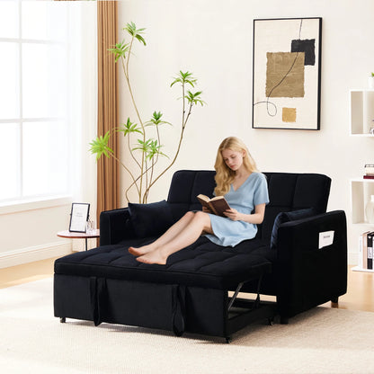 Velvet 3-in-1 Convertible Sofa Bed �C USB Charging, Adjustable Backrest Pull-Out Couch Loveseat Sleeper for Living Room, Apartment & Small Space,Black