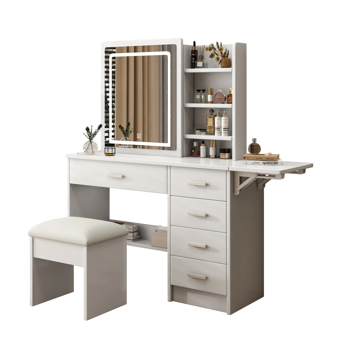 Montary Modern Mini Vanity w/Adjustable LED Mirror + Hidden Storage, Padded Stool & Dustproof Shelves (White)