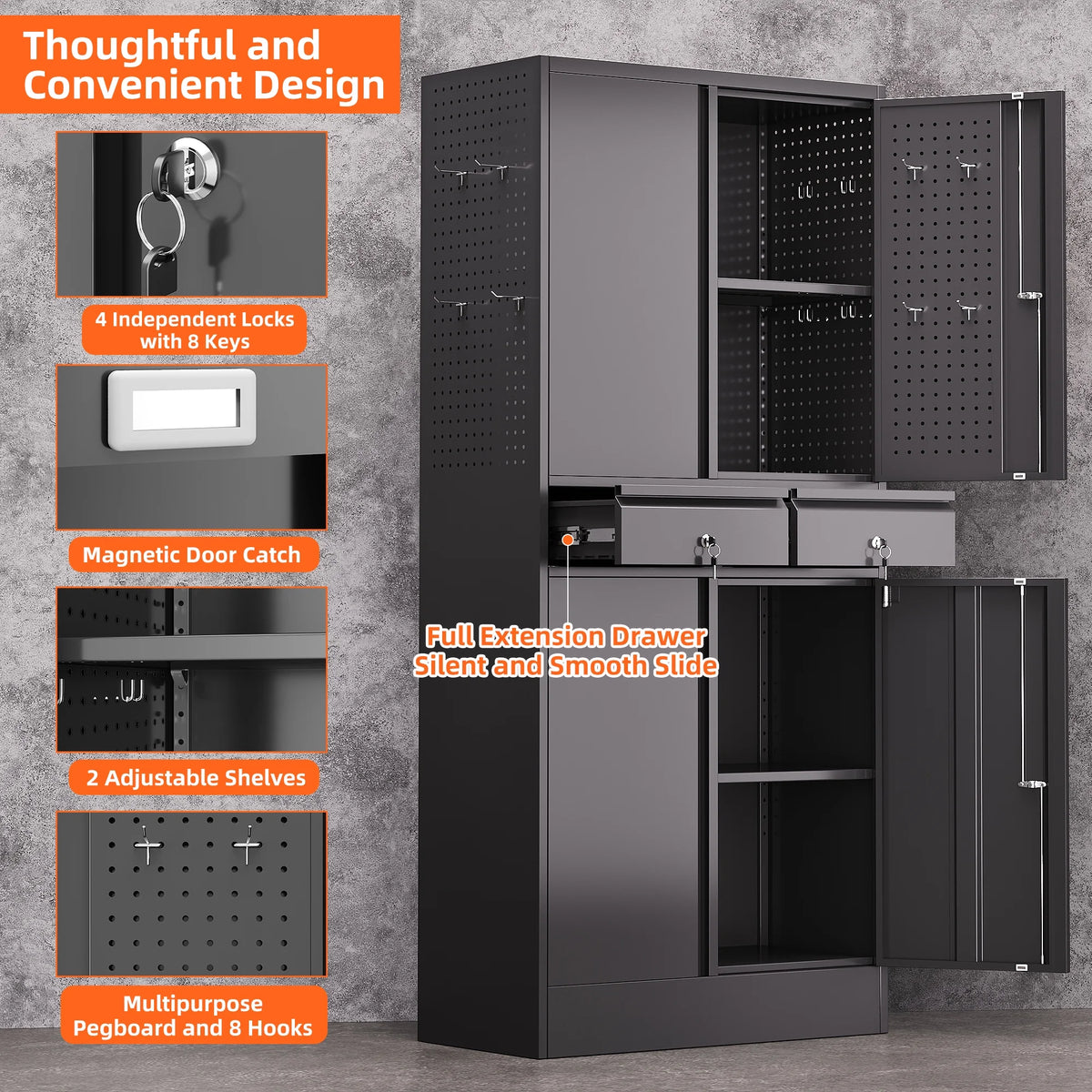 Aobabo 71.41''H Metal Garage Storage Cabinet with Lockable Doors and Hanging Rod,Broom Closet Storage Cabinet with Pegboard and Adjustable Shelves for Home Office School,Required Assembly,Black