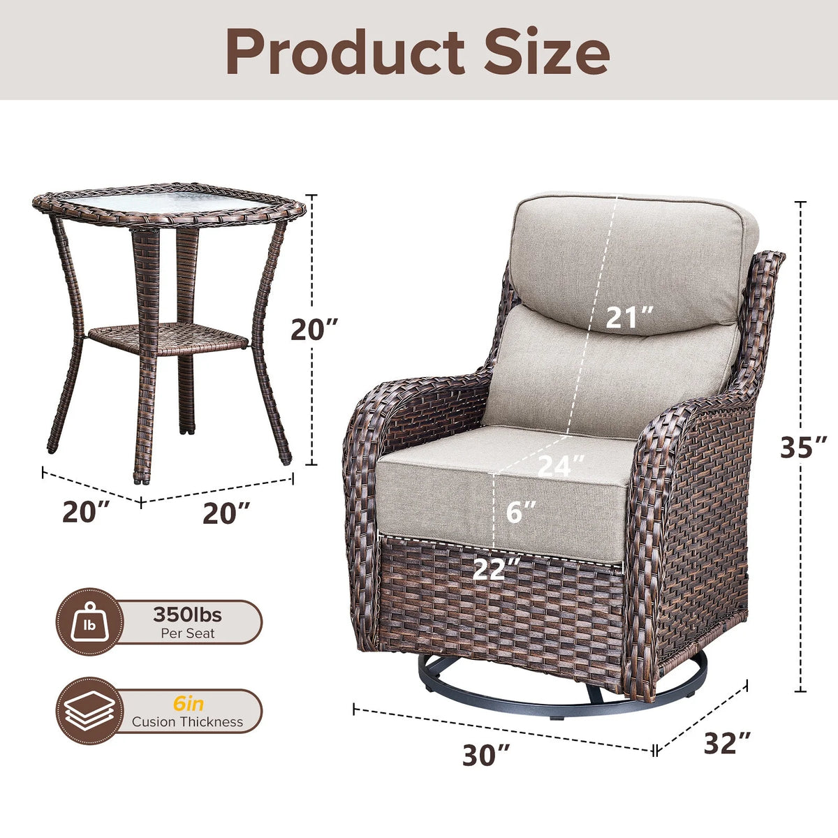 Bellefurn Luxury Outdoor Patio Furniture Set,Swivel Rocker Patio Chairs with 6-inch Thick Cushion,Patio Sofa and Glass Coffee Table,Outdoor Conversation Set for Porch, Deck, Yard