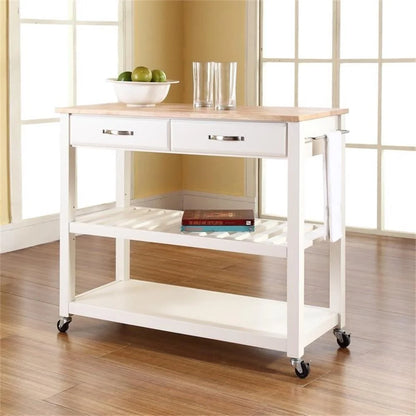 Bowery Hill 2-Drawer Wood Kitchen Cart Island in White/Natural